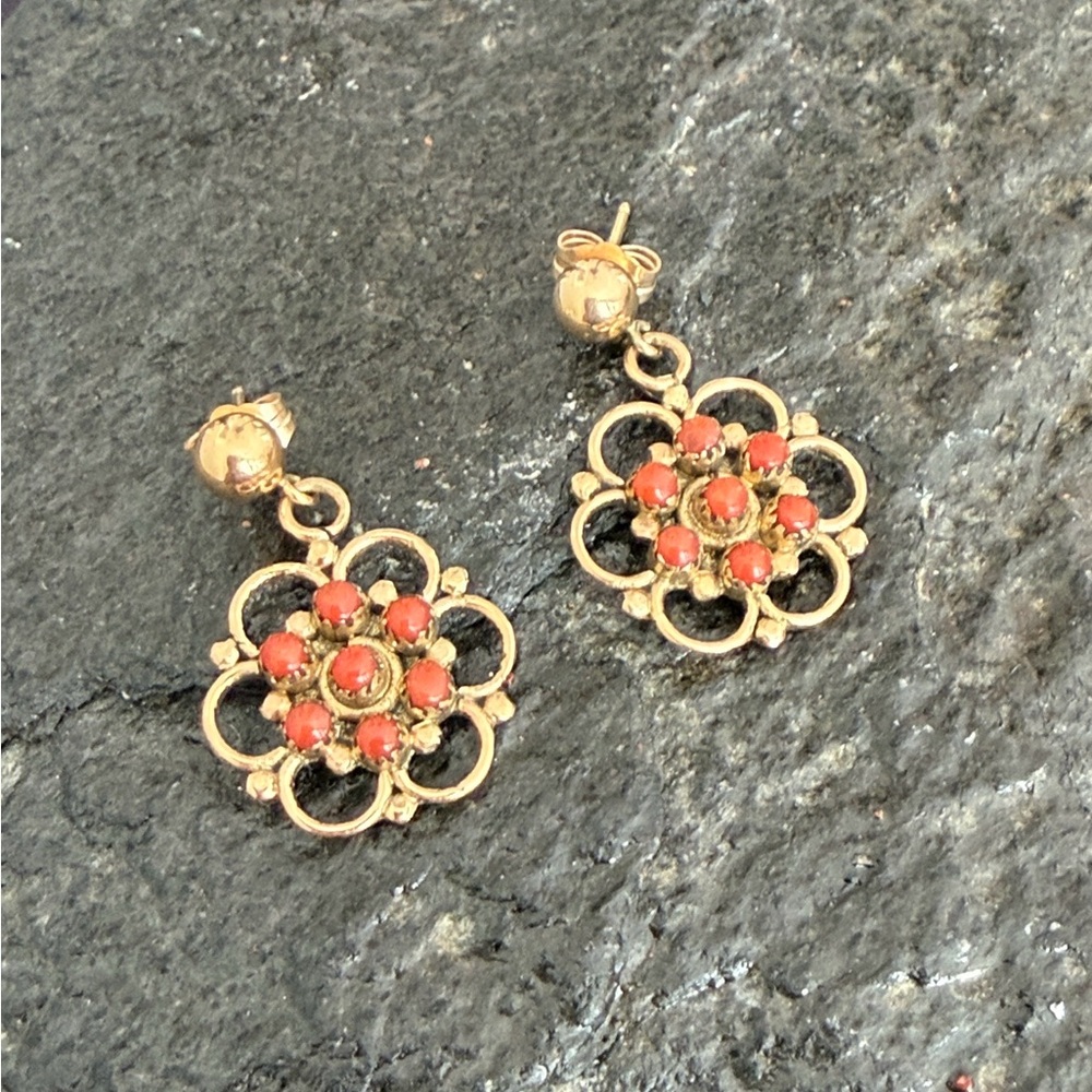 Vintage Zuni Native American Handcrafted 14K Red Coral Earrings - Picture 7 of 15